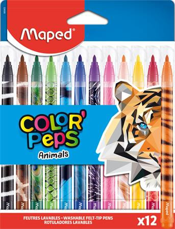 Filctoll készlet, 2,8 mm, kimosható, MAPED "Color'Peps Animals", 12 különböző szín