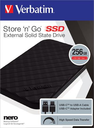 SSD (külső memória), 256GB, USB 3.2 VERBATIM "Store n Go", fekete