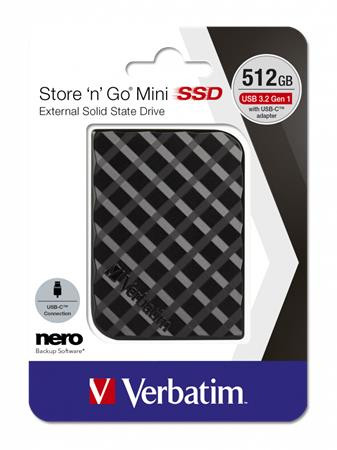 SSD (külső memória), 512GB, USB 3.2 VERBATIM "Store n Go Mini", fekete