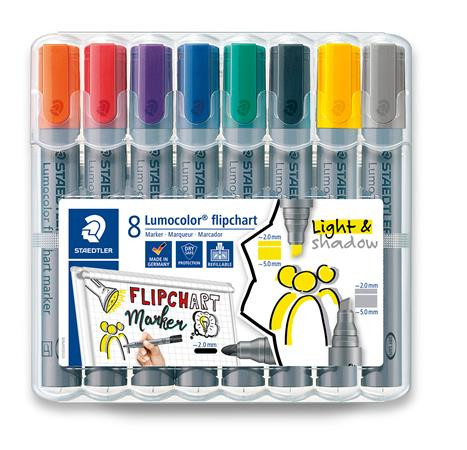 Flipchart marker készlet, 2-5 mm, vágott, STAEDTLER "Lumocolor 356", 8 különböző szín