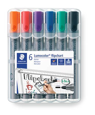 Flipchart marker készlet, 2 mm, kúpos, STAEDTLER "Lumocolor 356", 6 különböző szín