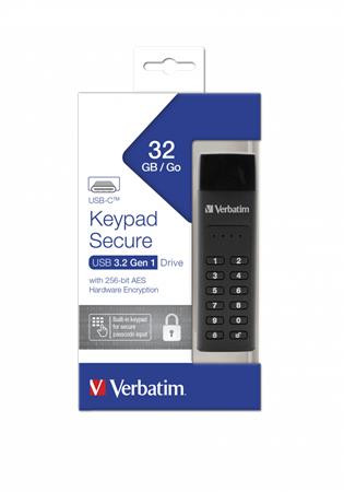 Pendrive, 32GB ,USB-C (USB 3.2), titkosítás, 160/130Mb/s, VERBATIM "Keypad Secure"