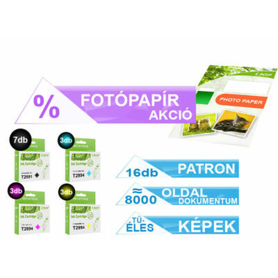 ►16+1db-os PAKK, Epson -hoz 16db T299x (Nr. 29XL)  utángyártott tintapatron (≈8000 oldal)  + 1 csomag 100 lapos FOTÓpapír